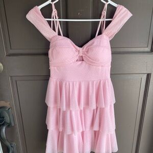 Pink Tiered Dress with Off-Shoulder Straps